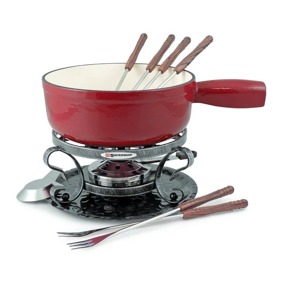 Swissmar Lugano Cherry Red Cast Iron Cheese Fondue Set, 9-Piece