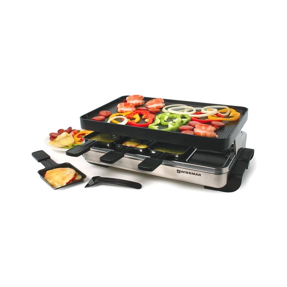 Swissmar Stelvio 8 Person Electric Raclette Grill with Reversible Aluminum BBQ nonstick grill & Crepe Plate, Variable Heat Control, Stainless Steel Base