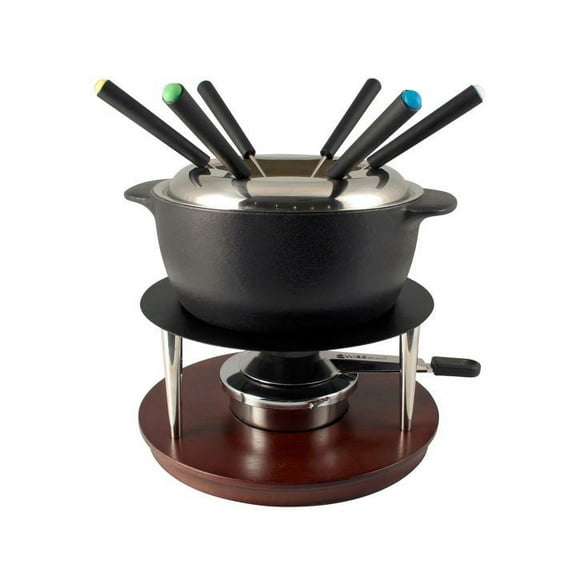 Swissmar Summit 10 Piece Cast Iron Fondue Set, Black Matte, For Cheese, Meat, and Chocoolate