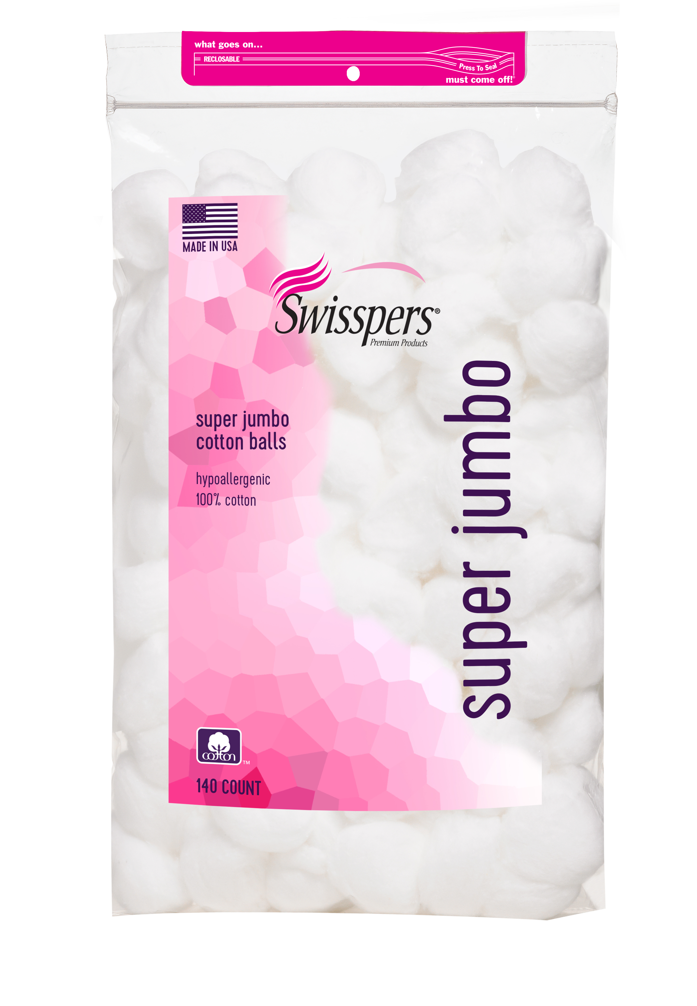 Swisspers 140ct, 100% cotton, white, Premium Hypoallergenic Super Jumbo Cotton Balls - image 1 of 4