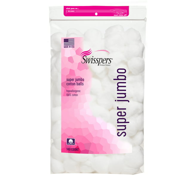 Swisspers 140ct, 100% cotton, white, Premium Hypoallergenic Super Jumbo Cotton Balls