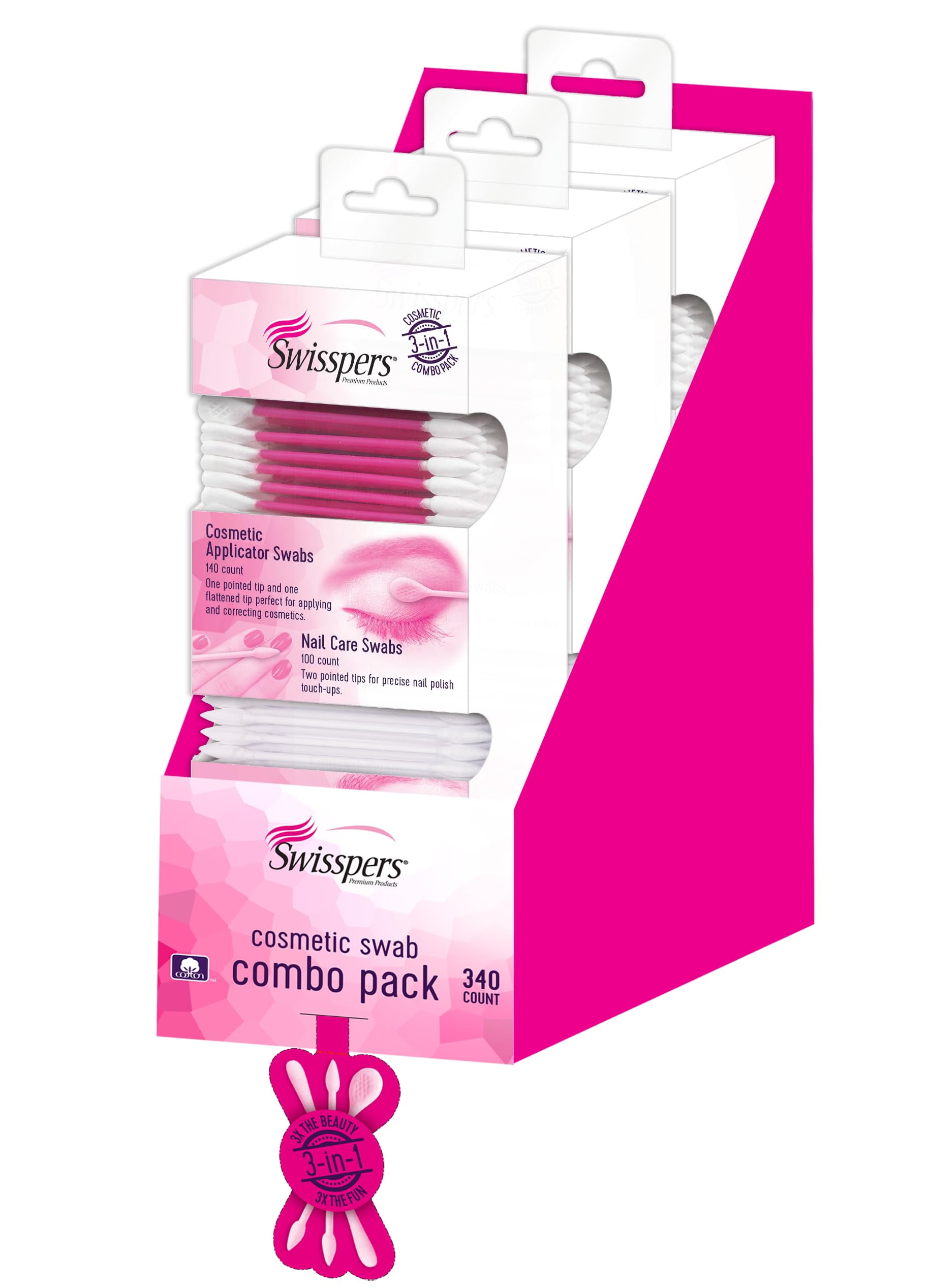 Swisspers 3 in 1 TSF6Combo Pack Cosmetic Swabs, 340 Count (Pack of 3) - Versatile Tip Options for Precision Makeup, Skincare, and Personal Care in a Convenient Resealable Box