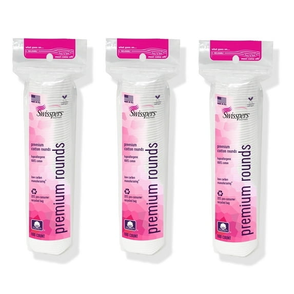 Swisspers Hypoallergenic 100% Cotton Rounds - 100 Beauty Rounds - 3 Pack