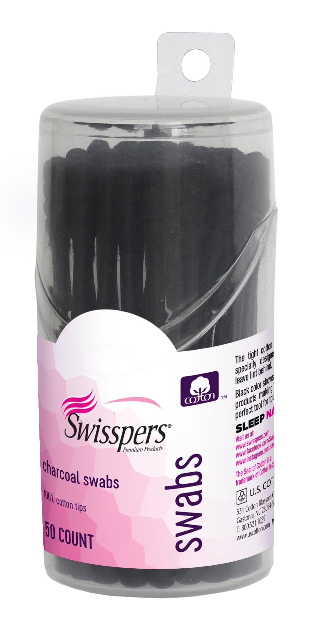 Swisspers Premium Cotton Charcoal Swabs, 50 Count