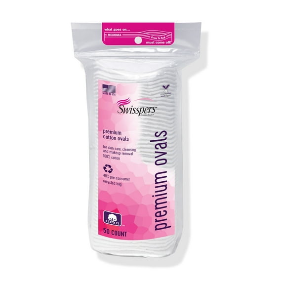 Swisspers Premium Cotton Ovals, 100% Chlorine Free Cotton, Dermatologist Tested, Soft, Strong, Sensitive Skin Safe, Absorbent, Hypoallergenic, Cruelty-Free, Vegan, Paraben Free, 50 Pads