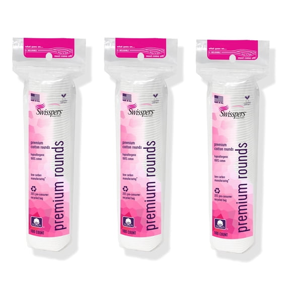 Swisspers Premium Cotton Rounds HMF23 - 100 Count (Pack of 3) - 100% Pure Cotton - Soft, Absorbent, Hypoallergenic Pads for Makeup Removal, Skincare, Baby Care and Facial Cleansing - Lint Free