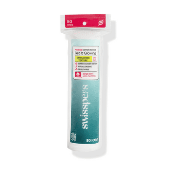 Swisspers Premium Exfoliating 100% Pure Chlorine Free Cotton Rounds, Dermatologist Tested, Soft, Absorbent, Dual-Sided, Gentle Natural Exfoliation, Sensitive Skin Safe, Vegan, Cruelty-Free, 80 Pads