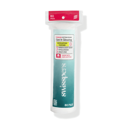 Swisspers Premium Exfoliating 100% Pure Chlorine Free Cotton Rounds, Dermatologist Tested, Soft, Absorbent, Dual-Sided, Gentle Natural Exfoliation, Sensitive Skin Safe, Vegan, Cruelty-Free, 80 Pads