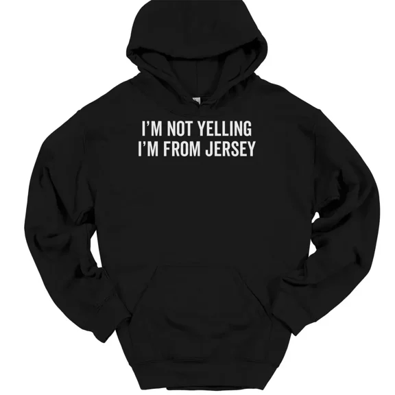 SPEEDRUN Men's Long Sleeve Graphic Print Hooded Pullover Tops T-Shirts I'm Not Yelling I'm From Jersey Hooded Sweatshirt Funny New NJ Humor Hoodie