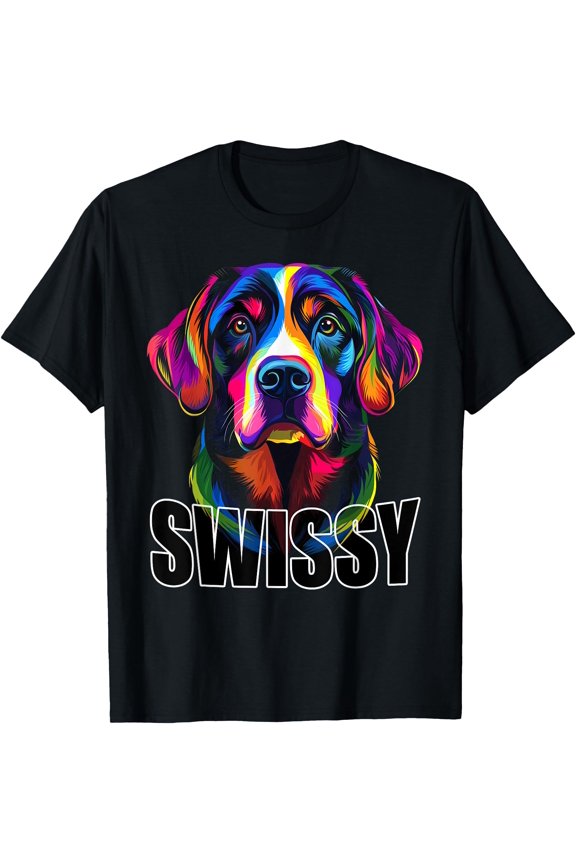 Swissy Colorful Greater Swiss Mountain Dog Face Black T-Shirt
