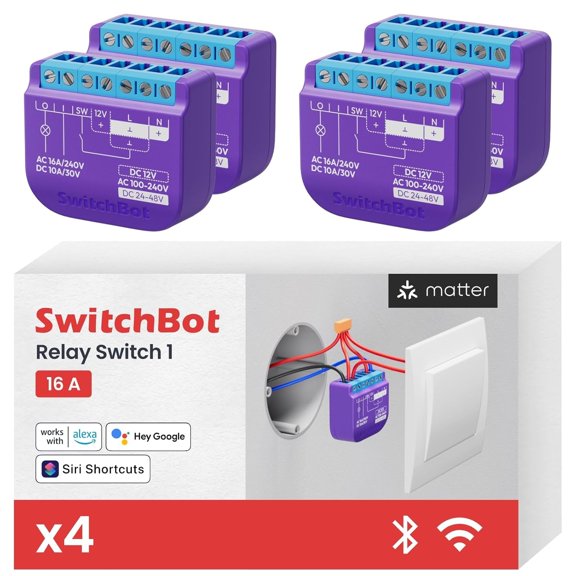 SwitBot WiFi Swit Compatible with Alexa/Apple / /Matter (Hub Required), Power-Measu Relay Swit Module with Integrated Bluetooth Reater and Dry Contact, 2.4 GH, 16 A