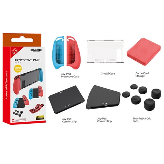 Switch 12-in-1 Accessory Bundle - Joy-Con Grips, Crystal Case, Connector, Game Card Case & Thumbstick Caps for Nintendo Switch/OLED