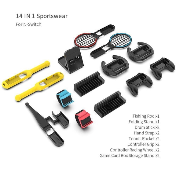 Switch 14-in-1 Sports Game Accessories Bundle - Steering Wheel, Tennis Racket, Grip, Drum Stick, Wrist Strap & Game Disc Stand for Nintendo Switch/OLED
