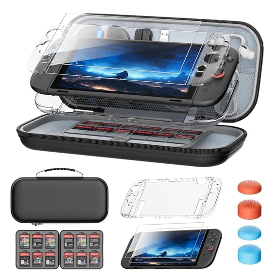 For Switch 2 Accessories Bundle (2025), All-in-One Kit with Carrying Case, 2 Tempered Glass Screen Protectors, 12 Game Card Holder, Split Protective Cover, and 4 Joystick Caps, Black