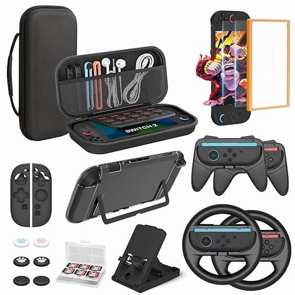 Switch 2 Accessories Bundle for Nintendo Switch 2 19-in-1, Carrying Case, 2 Screen Protectors, Steering Wheel, Grip for Joycon Controller, Dockable Console Protective Cover Shell
