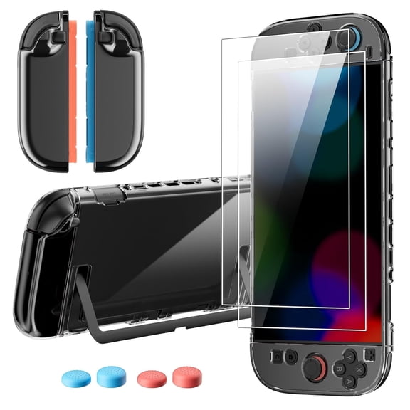 Switch 2 Accessories Kit (2025), Clear Split Protective Case with 2 Tempered Glass Screen Protectors and 4 Thumb Grips, Protective Bundle for NS Switch 2 Console