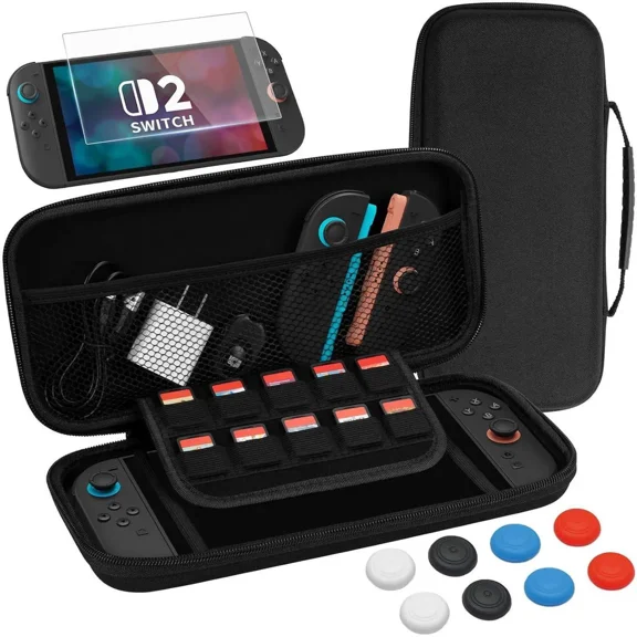 Switch 2 Case Accessories Bundle for Nintendo Switch2 Kit, Protective Switch Carrying Case with 10 Game Card Slot, Screen Protector Tempered Glass and 8pcs Thumb Grips Caps - Black
