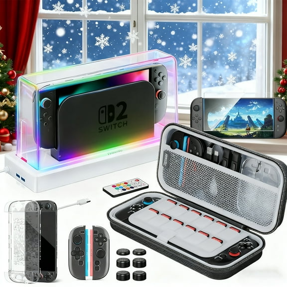 Switch 2 Case Accessories Kit Bundle,2025 Gift Kit with LED Switch 2 cover, Carrying Case, Dockable Protective Case etc, Cool Accessories (white)