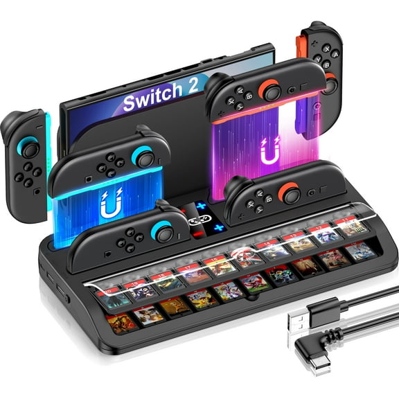 EUROA Switch 2 Charging Dock, Charging Station for Switch 2 with 4 Joy-Con Charger Dock, 20 Game Card Slots with Dust Cover, USB-C Cable