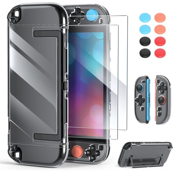 For Switch 2 Clear Protective Case for Switch 2(2025),3-in-1 Transparent Hard PC Protection Cover for Joy con with 2 Screen Protector & 8 Thumb Grips Accessories Kit, Shock-Absorption, Anti-Scratch