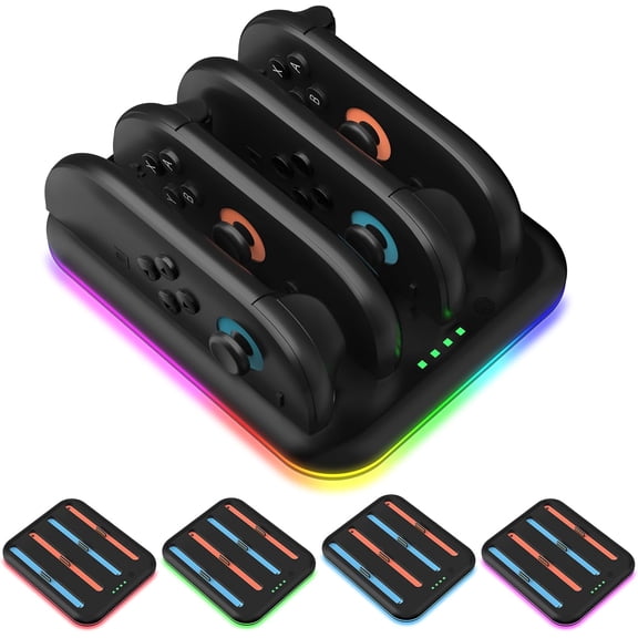 Switch 2 Controller Charging Dock, 4-in-1 Fast Charging Dock Compatible with NS Switch 2 Joy Con Accessories[5 RGB Light Modes] Magnetic Controller Charger Stand Station (Black)