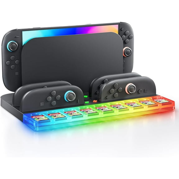 Switch 2 Controller Charging Dock Station Compatible with NS Switch 2 2025 for 4 Joycons with 7 RGB Light Modes, Charging Dock Stand Station Base with 9 Game Card Slots