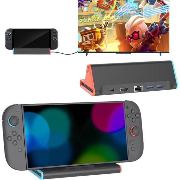 Switch 2 Dock Compatible with 21.0.0, Docking Station for Switch 2, Portable TV Dock with 4K HDMI/3 x USB 3.0/PD 100W Port, Charging Station Stand Replacement for Official (with LAN Port)