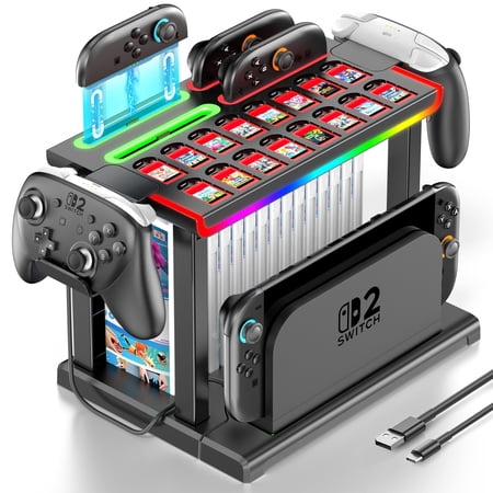 Switch 2 Game Organizer Tower with RGB joycon 2 Charging Dock, All-in-One Storage Rack for Switch 2 TV Dock, Pro Controller, Game Cards & Console Accessories, Space Saving Desktop Switch 2 Accessory