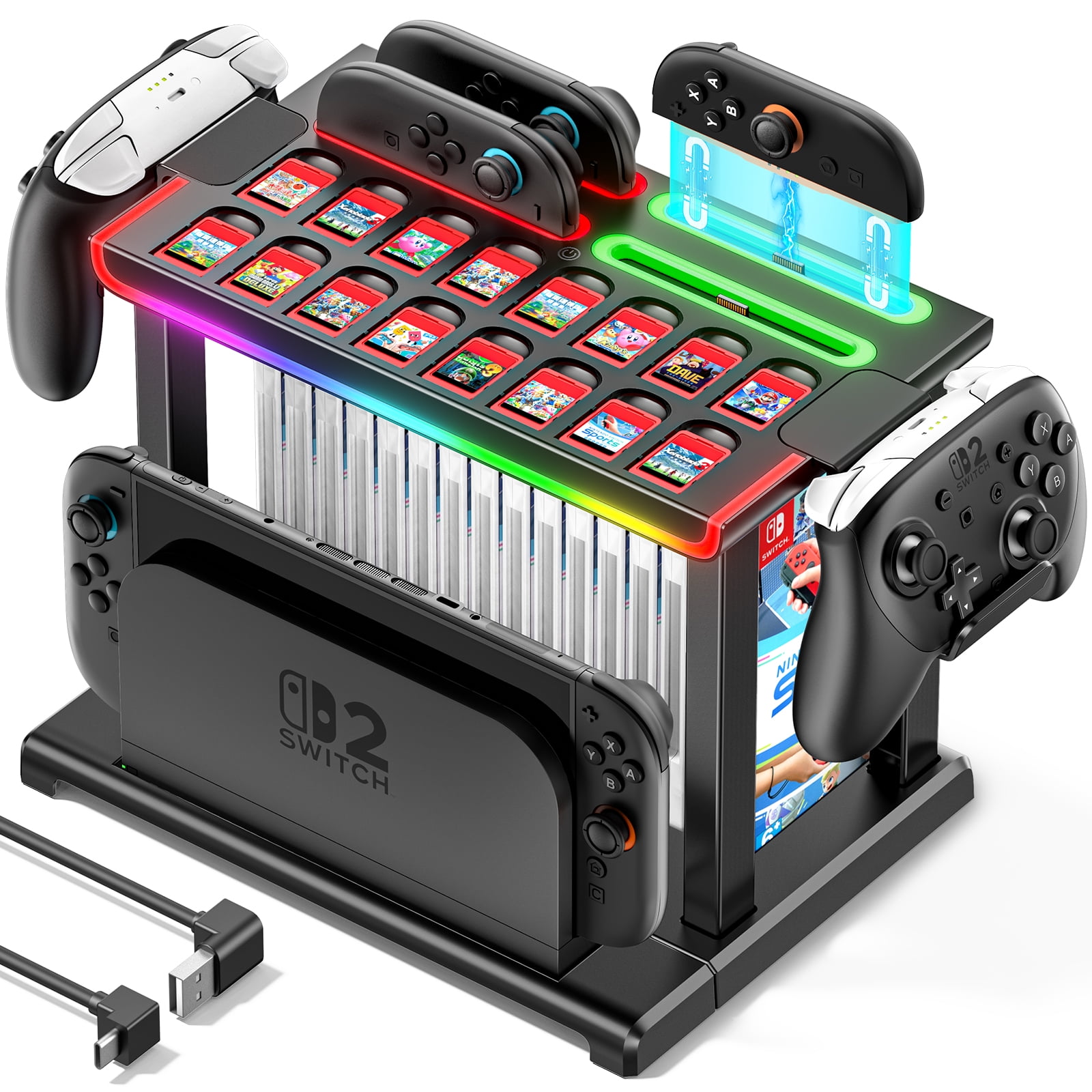 Switch 2 Games Organizer Station Tower with Joy-Con Charger, Joy-Con 2 Charging Dock with RGB Light, Storage and Organizer for Games, Switch 2 TV Dock, Pro Controller, Accessories Kit