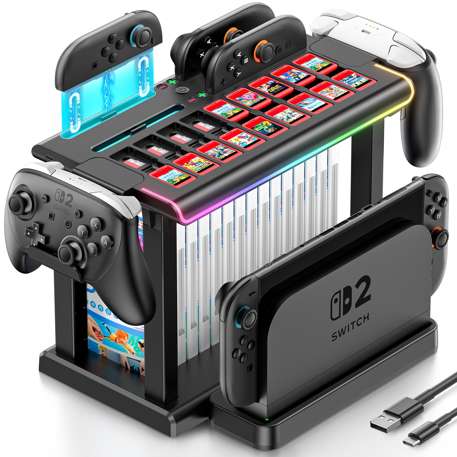 Switch 2 Games Organizer Station Tower with Joy-Con Charger, Joy-Con 2 Charging Dock with RGB Light, Storage and Organizer for Games, Switch 2 TV Dock, Pro Controller, Accessories Kit