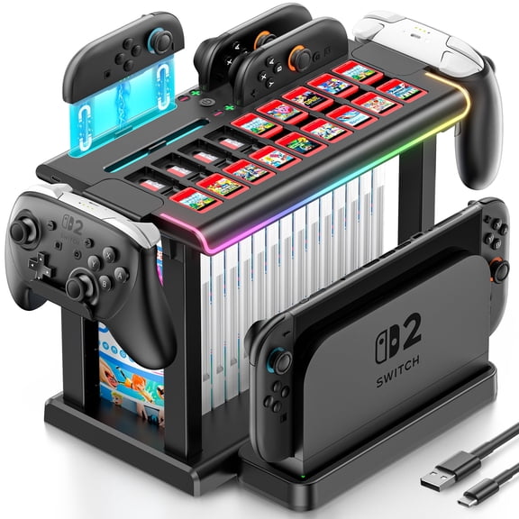 Switch 2 Games Organizer Station Tower with Joy-Con Charger, Joy-Con 2 Charging Dock with RGB Light, Storage and Organizer for Games, Switch 2 TV Dock, Pro Controller, Accessories Kit
