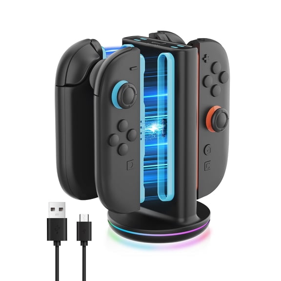 For Switch 2 Gen JoyCon Charging Dock with Fast Dual-Side Charging, 9 RGB Light Modes, Magnetic Plug-in Joy Con Charger Stand for Switch 2 2025  4 Slot Dock with USB-C Cable, Black
