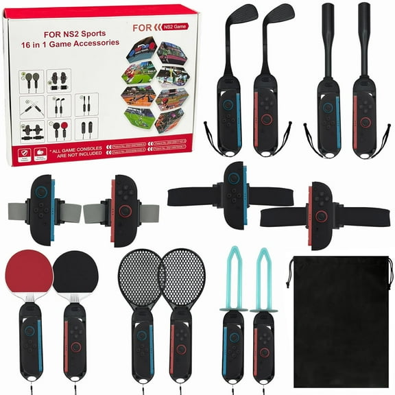 Switch 2 Sports Accessories Bundle for NS Switch 2(2025),16 in 1 Switch 2 Family Sports Party Games Accessories Kit with Joycon Grips/Leg & Wrist Straps/Golf Clubs/Baseball Bat/Tennis Racket