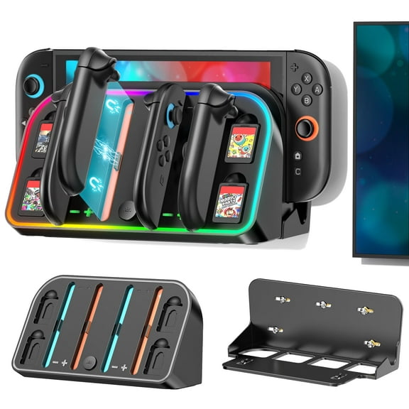 Switch 2 Wall Mount Charging Dock for 2025 Joycon 2, Wall Mount Kit Shelf for Switch 2 Accessories, RGB Charger Dock Station with 4 Game Storage Holder for Game Console Holder Stand
