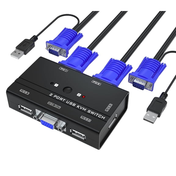 Switch, 2-port switch with 2 cables and 3 hubs, for 2 computers to share one monitor keyboard mouse, with physical button switching function