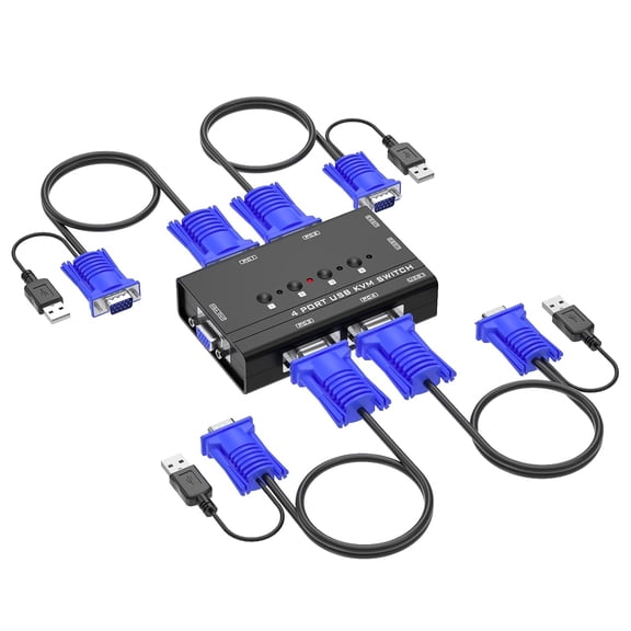 Switch, 4 Port Switch with 4 Cables and 3 Hubs, 4 Computers Share One Monitor Keyboard Mouse