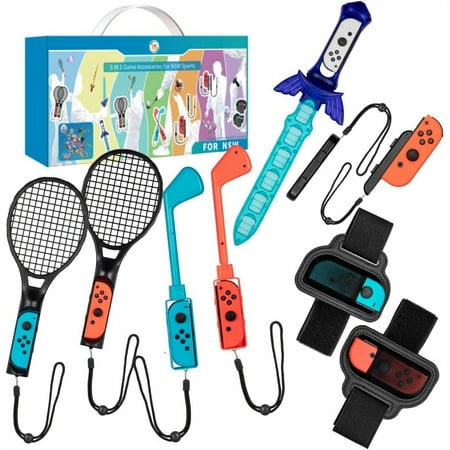 Switch Accessories Bundle Compatible with Switch/Switch OLED for Switch Sports Games with Leg Straps, Tennis Rackets, Glof Clubs, Sword, Wrist Straps(9 in 1)