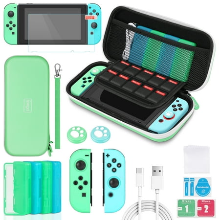 Switch Bundle Accessories Kit for Nintendo Switch 12 in 1 Set w/ Carry Case, Screen Protector, Joy-Con Covers, 4 Game Holders, 2 Thumb Grips and USB, Cable Animal Crossing New Horizons Edition