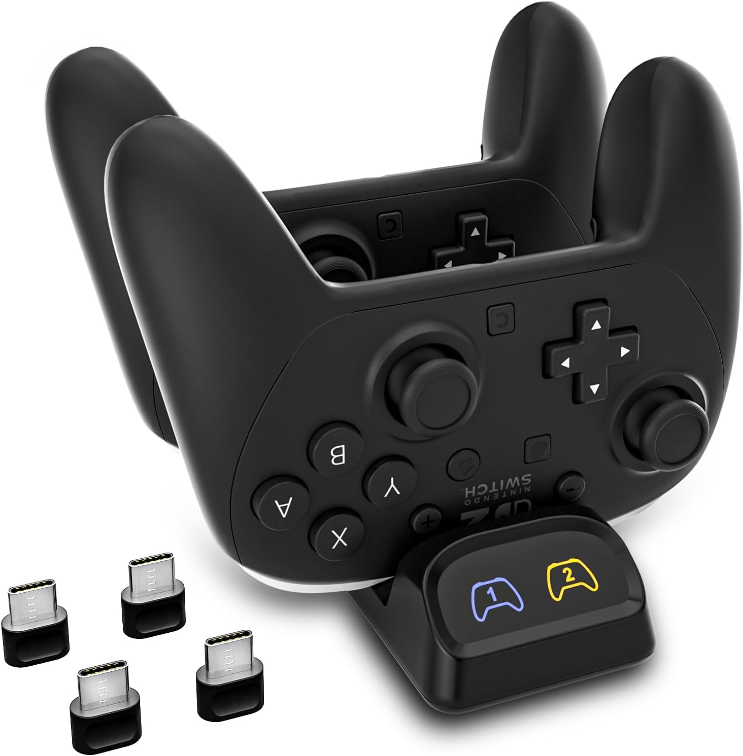 Switch Controller Charger, Fast Charging Dock for Switch 2 Pro Controller 2025, Xbox Series X/S, PS 5, and Type-C Gamepads – Dual Charger Station with LED Indicators, and Type-C Adapter