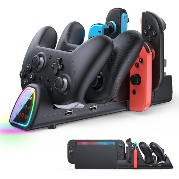 Switch Controller Charger for Switch 2/1/OLED for JoyCon, 10 in 1 Fast Charging Dock Station for 2 Pro Controller 2/1 & 4 Joycon, Storage Stand Accessories, 11 RGB Mode, LED Indicator