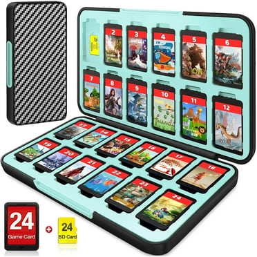 Switch Game Case 24 Compatible with Nintendo Switch Game Cards and 24 Memory Cards, Portable Switch Game Holder, Hard Shell, Soft Lining&Magnetic Closure-Stripe Black Blue