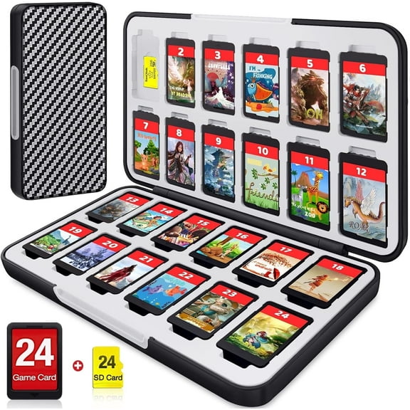 Switch Game Case for Nintendo Switch Game Card with 24 Switch Game Holder Storage and 24 Micro SD Cartridge Slots, Slim Switch Game Organizer Include Hard Shell and Soft Rubber-Grey Black