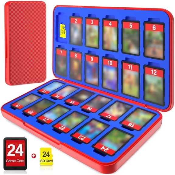 Switch Game Case with 24 Game Holder Compatible for switch 2(2025) &Switch OLED Game Card Compact Switch Cartridge Case-Plaid Red Blue