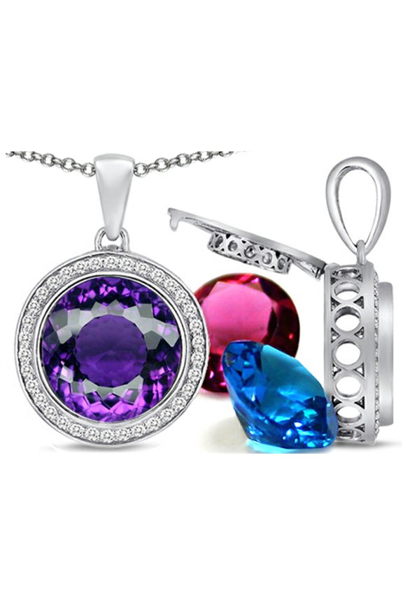 Switch-It Gems Interchangeable Simulated Amethyst Halo Pendant Necklace 12 Round 12mm Simulated Birth Months Includ