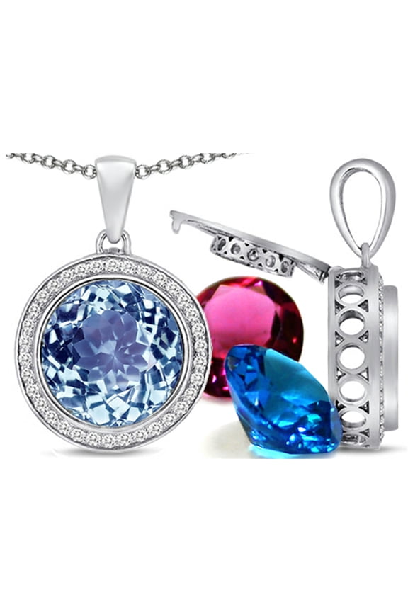 Switch-It Gems Interchangeable Simulated Aquamarine Halo Pendant Necklace Set Round 12mm Simulated Birth Months Incl