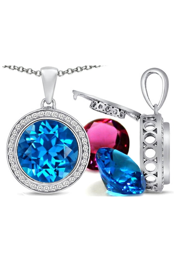 Switch-It Gems Interchangeable Simulated Blue Topaz Halo Pendant Necklace Set Round 12mm Simulated Birth Months Incl