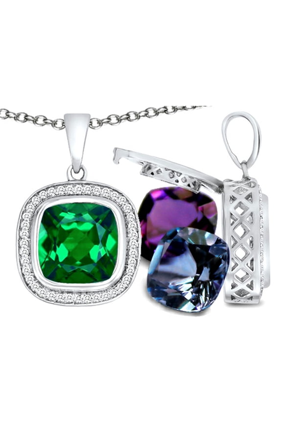 Switch-It Gems Interchangeable Simulated Emerald Halo Pendant Necklace 12 Cushion-Cut 10mm Simulated Birth Months