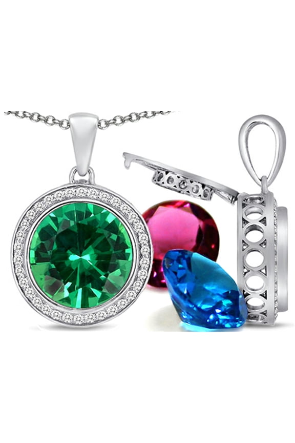 Switch-It Gems Interchangeable Simulated Emerald Halo Pendant Necklace Set Round 12mm Simulated Birth Months Include