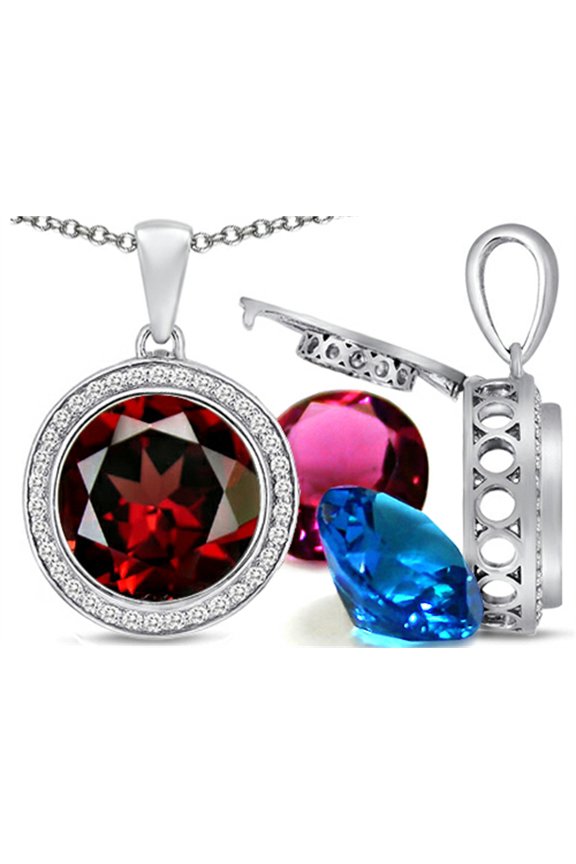 Switch-It Gems Interchangeable Simulated Garnet Halo Pendant Necklace Set Round 12mm Simulated Birth Months Included
