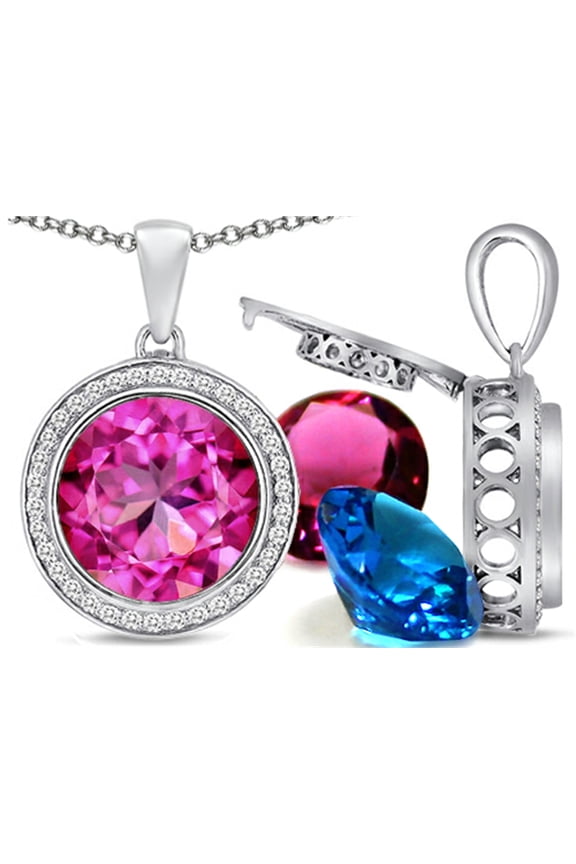 Switch-It Gems Interchangeable Simulated Pink Tourmaline Halo Pendant Necklace Set Round 12mm Simulated Birth Months